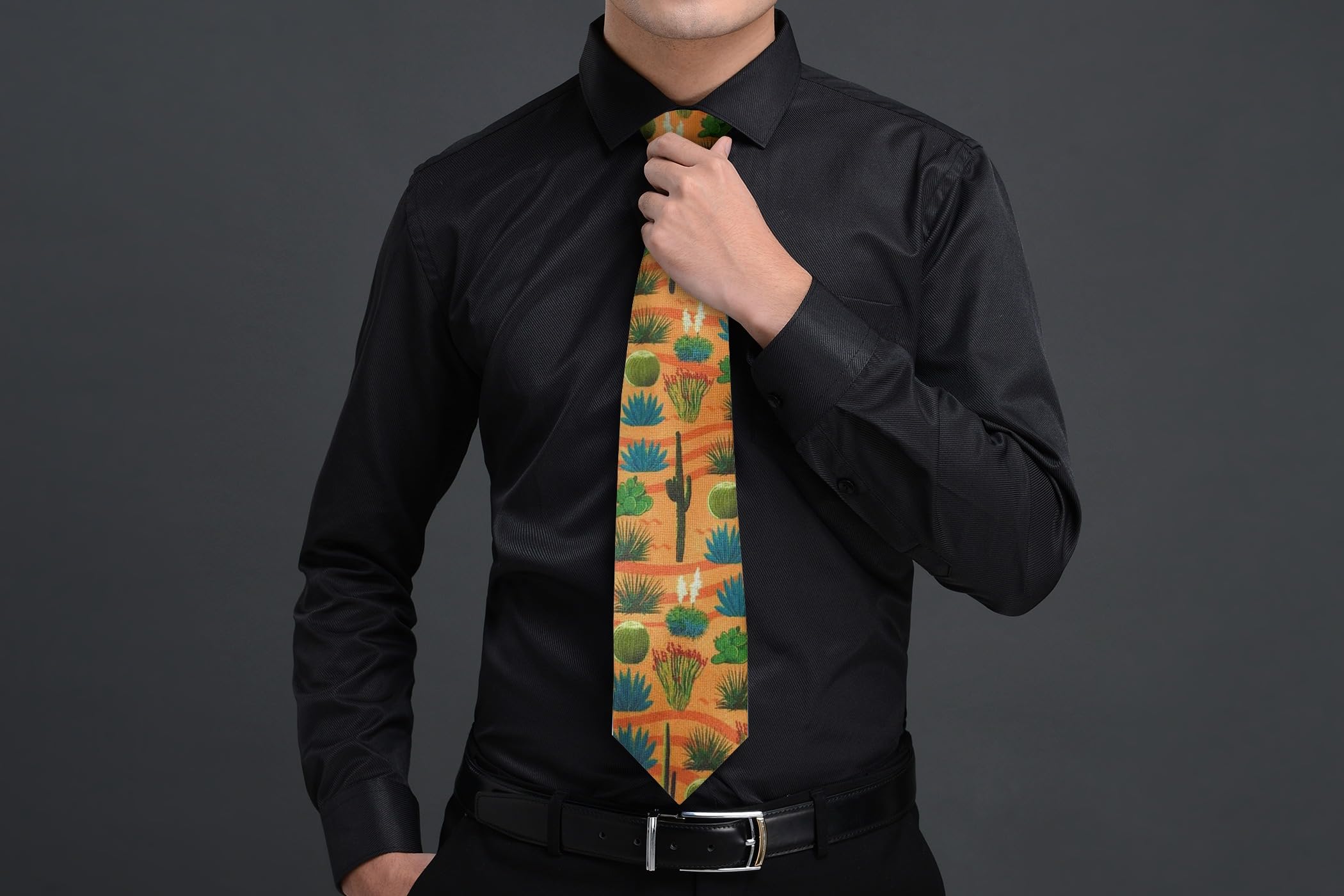 Stonehouse Collection Cactus Themed Silk Tie – Men’s Necktie with Cactus Pattern Featuring Saguaro, Prickly Pear, Barrel, Ocotillo & Agave – Southwestern Style Gift - Image 3