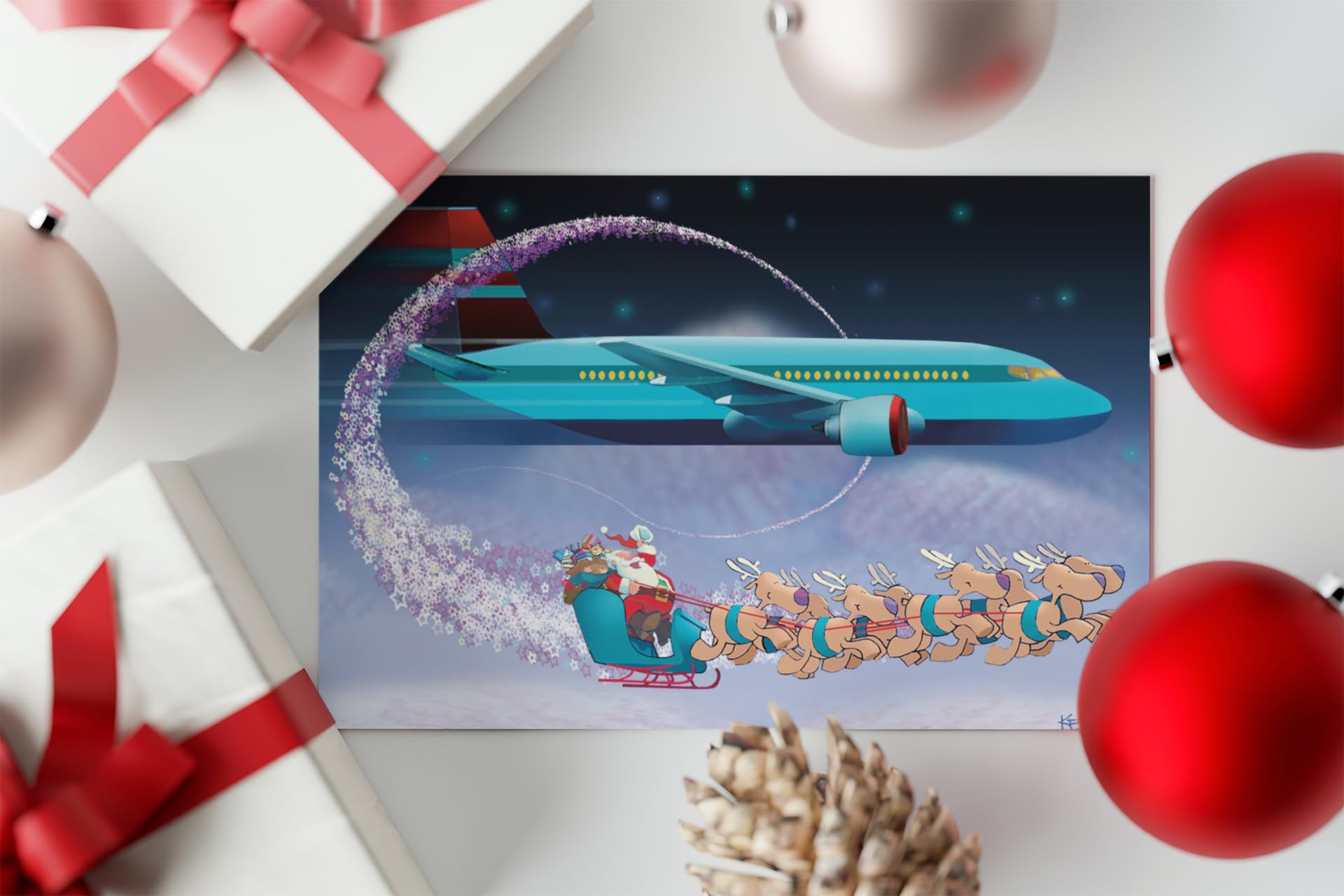 Stonehouse Collection, Christmas Airplane Greeting Card, Santa Flying with Reindeer Beside Commercial Airliner, 5x7 Inches – 18 Boxed Aviation Cards - Made in the USA (Standard) - Image 3