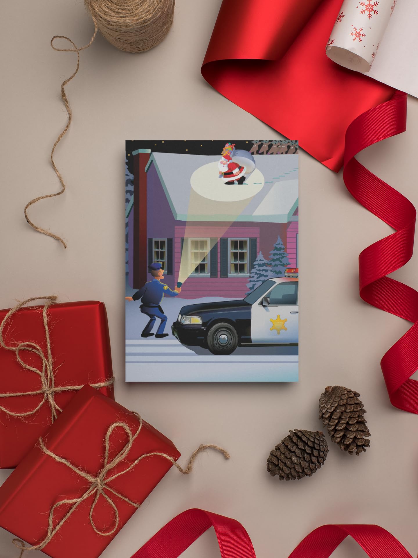 Stonehouse Collection | Funny Police Officer Christmas Card | Humorous Santa Caught by Police Officer on Roof Holiday Cards (Standard) - Image 3