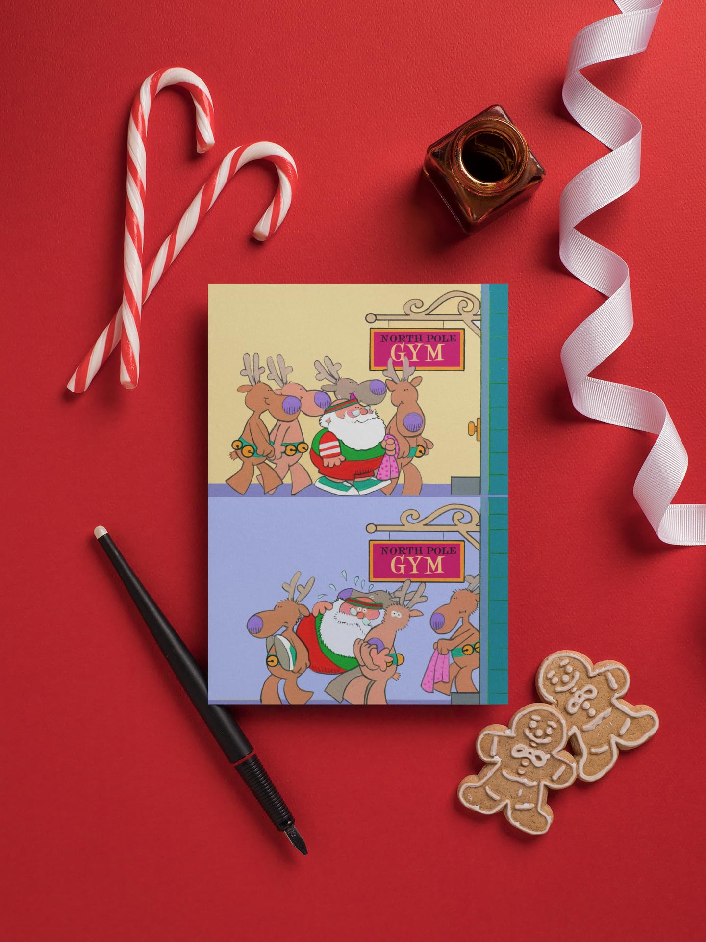 Stonehouse Collection Gym Christmas Cards, Funny Exercise Santa Holiday Card, 12-Pack with Envelopes, A6 Size 6.25 x 4.5 inches, Santa & Reindeer Workout Design (Standard) - Image 3