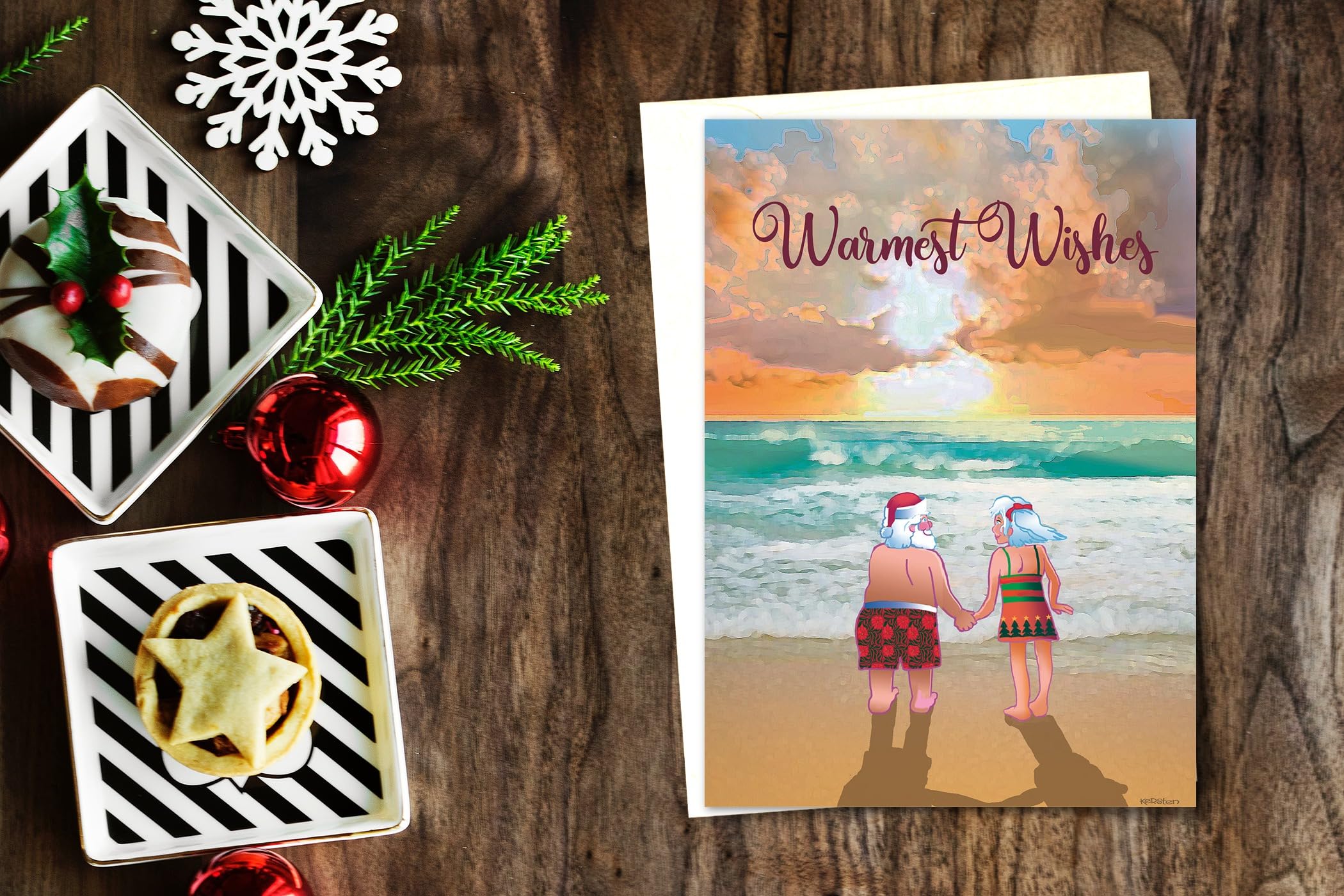 Stonehouse Collection | Mr. and Mrs. Claus Sunset Beach Walk Christmas Card | 18 Beach Christmas Cards & Envelopes | USA Made (Walk at Sunset) - Image 3