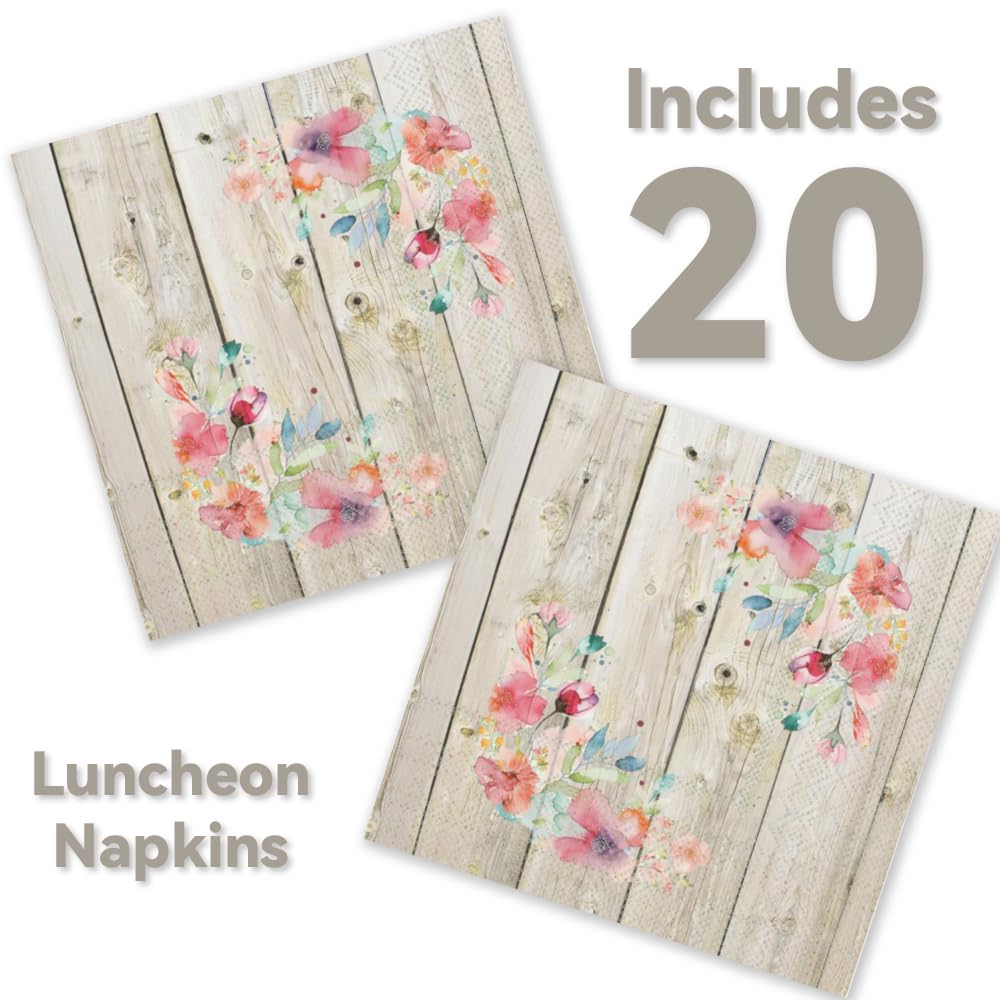 Stonehouse Collection | Rustic Paper Plates and Napkins Set | 20 9" Plates & 20 Napkins | 40 PCS Total | Disposable Wedding Plates (Floral Barnwood) - Image 3
